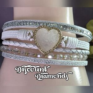 Women's Heavenly Heart White Leather Bracelet with Gold Plating